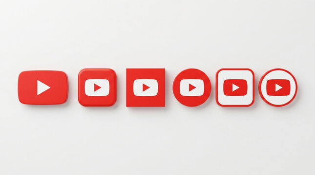 YouTube logo icons set, 3D social media interface buttons collection in round, square and circle shapes, video streaming app player symbols, red and white play buttons for digital web UI design.