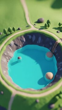 Stylized 3D Crater Lake Landscape with Turquoise Water and Wooden Ladder, Miniature Fantasy Environment for Game Design and Digital Art Projects
