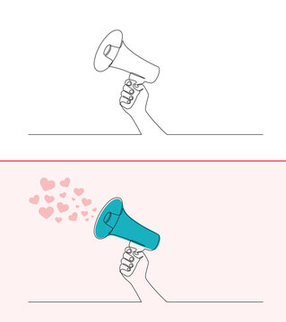 A continuous line drawing of a hand holding a megaphone. The concept of a person's hand tightly gripping a megaphone, ready to speak and convey information of affection and love.