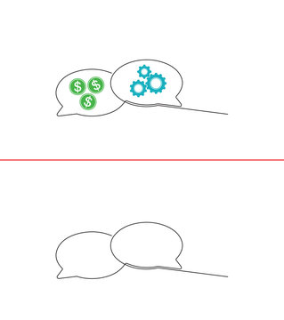 A continuous single line drawing depicting two speech bubbles and a gear inside. A chat concept featuring speech bubbles about work, business, and education in a single line style.