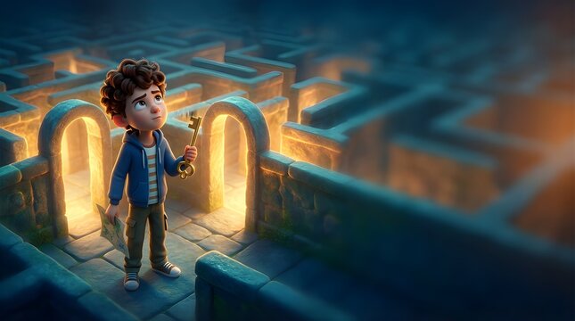 Little boy holding a golden key exploring a stone labyrinth at night