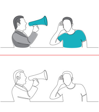 Continuous line drawing of a male businessman standing holding a megaphone ready to speak giving information and one person in front of him ready to listen.