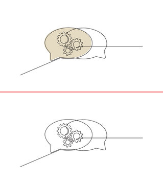 A continuous single line drawing depicting two speech bubbles and a gear inside. A chat concept featuring speech bubbles about work, business, and education in a single line style.
