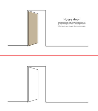 Continuous line drawing of a door. The concept of a single door of success, building, architecture, real estate in single line style. Vector illustration of a simple door in doodle style.