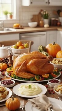 Traditional Thanksgiving Dinner Table Setting with Roasted Turkey, Mashed Potatoes, Cranberry Sauce, and Pumpkins for Holiday Celebration and Family Feast