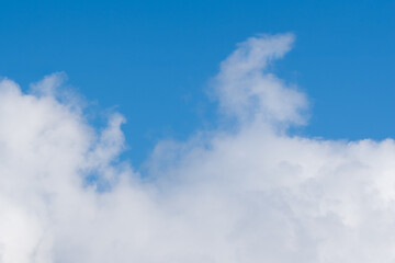 Obraz premium White fluffy clouds against a bright blue sky, creating a serene and tranquil atmosphere in a clear weather setting. Abstract cloud background, design element, for overlay on pictures