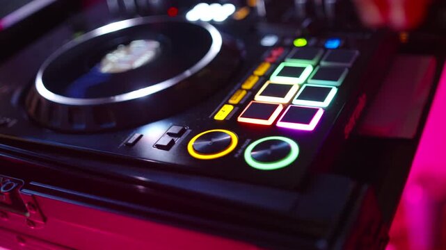 DJ Mixing Live On A Digital Controller during wedding reception In Club And Close-Up Hands