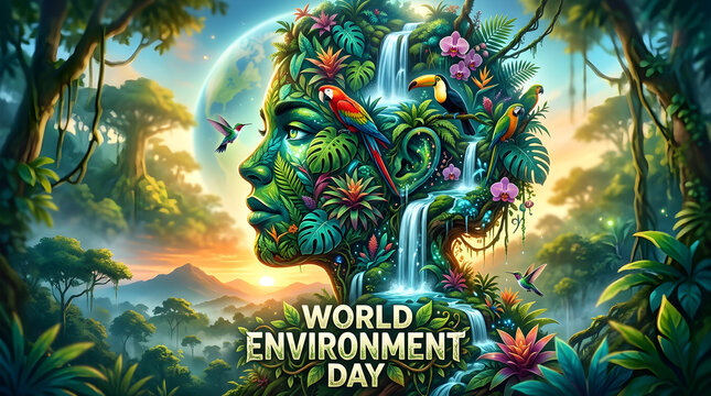 World Environment Day Eco Illustration with Green Human Face, Waterfalls, Birds, and Jungle