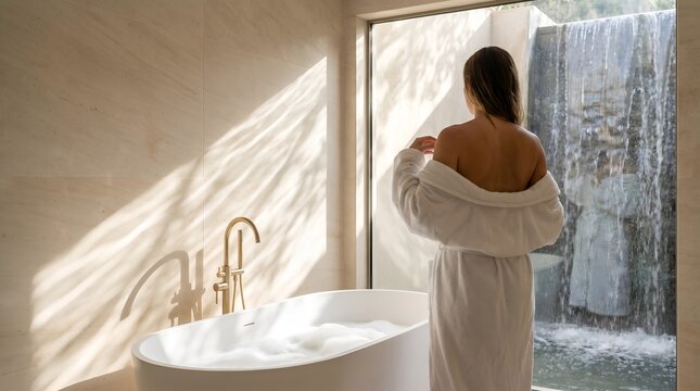 Woman in bathrobe looks at outdoor waterfall from luxury bathroom spa