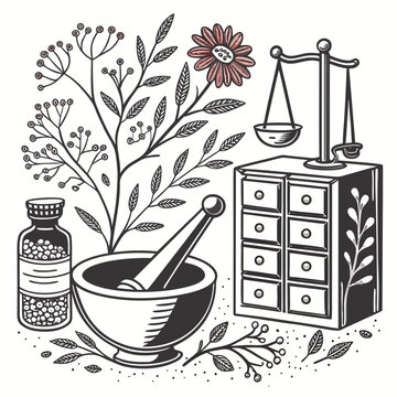 Herbalism and homeopathy concept with plants mortar apothecary cabinet, medicine