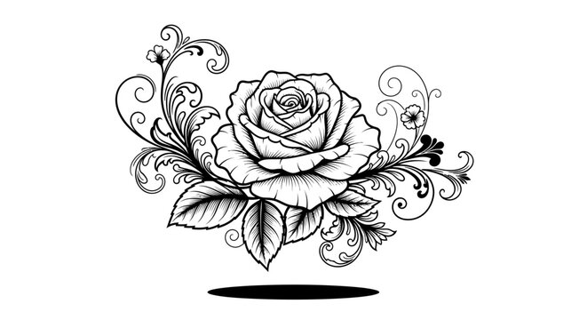 Elegant single rose with decorative scroll flourishes line art.