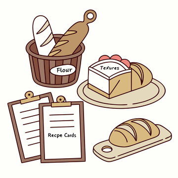 Baking supplies including bread cake recipe cards with pastry chef, food prepara
