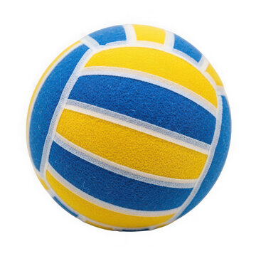 A colorful blue and yellow water polo ball used for sports and swimming pool games