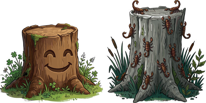 Cartoon Tree Stump Collection with Smiling Happy Wood Log and Scorpions Crawling on Dead Trunk for Forest, Nature, Insect, Wildlife, Environment and Ecology Illustration Designs