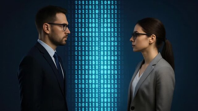 Two professionals in suits face off against blue binary background, suggesting tech-focused discussion