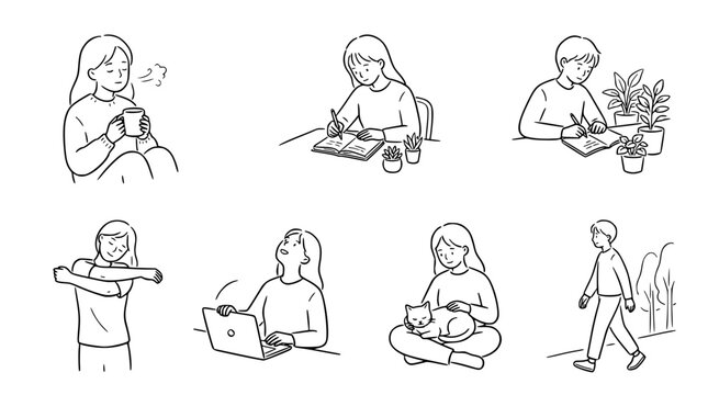 This engaging image showcases various self-care activities like tea-making, gardening, and journaling, highlighting the importance of nurturing mental well-being and relaxation.