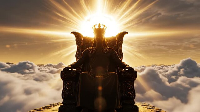 Statue of figure with crown on throne above clouds symbolizing exploration and the great outdoors