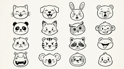 Fototapeta premium Collection of Hand Drawn Cute Animal Faces in Sketch Style.