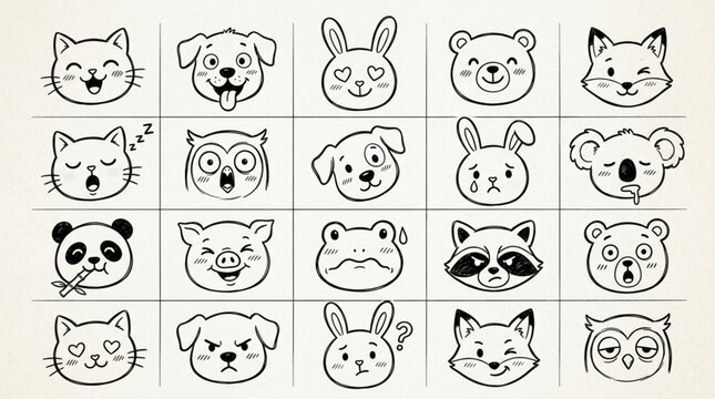 Collection of Hand Drawn Animal Faces in Sketch Style.