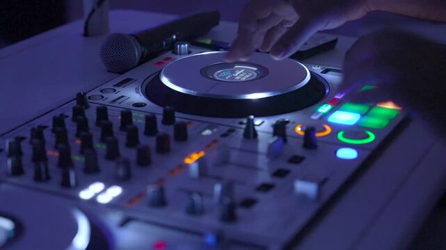 DJ Mixing Live On A Digital Controller during wedding reception In Club And Close-Up Hands