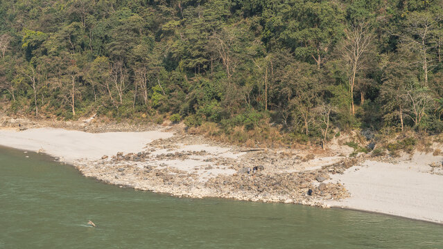 Mountain river. Boulders are scattered on the sandy shore. Silhouettes of people walking. Thickets of green trees. Nepal. Seti River 