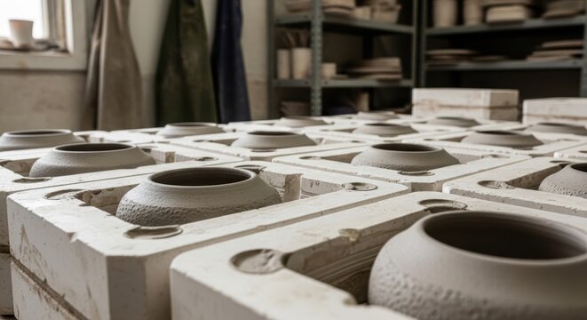 Pottery mold casting clay pots in workshop process industrial production craft
