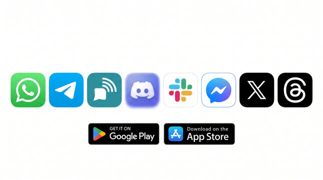 Social media app icon collection including WhatsApp, Telegram, Discord, Slack, Messenger, X, Threads logos plus Google Play and App Store buttons. Professional mobile UI vector design elements.
