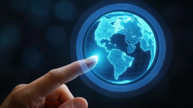 Human hand of unidentified gender and unclear ethnicity touches glowing blue holographic globe