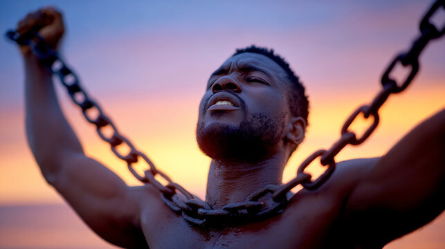 A powerful close-up of a Black man with an intense expression, raising his arms to break or strain against heavy metal chains around his neck, set against a dramatic sunset.
