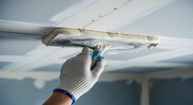 Hand applying drywall compound smoothing ceiling joint repair with glove