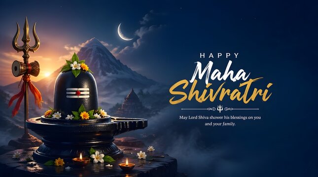 Calm Hindu Temple Moonlit Shiva Linga with Trident and Flowers