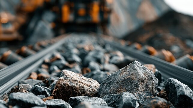 Close-up of railway tracks with large grey rocks and blurred background, highlighting the rugged texture and industrial environment.