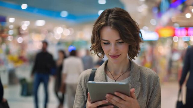 Young brunette girl stands in a department store holding a tablet while looking at the camera during a shopping trip