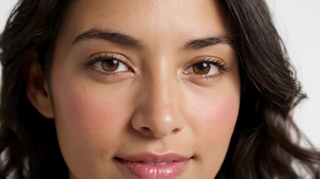 Closeup of womans face with makeup showcasing relatable emotions and positive energy