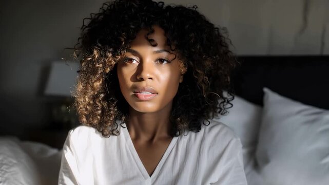 Tired black woman with headache resting in bed during morning hours in a simple bedroom setting