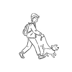 Obraz premium A cheerful boy is depicted walking his small dog in the park, symbolizing companionship, joy, and the bond between humans and pets in a lively illustration.