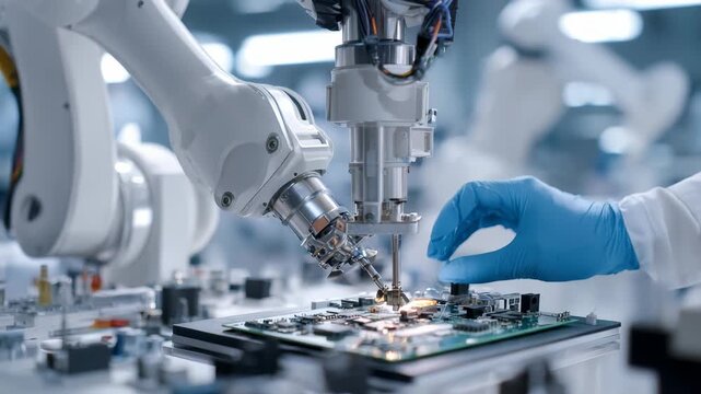Advanced robotic arm collaborates with a technician in blue gloves to assemble electronic components on a circuit board in a modern factory. Precision and innovation drive technology forward