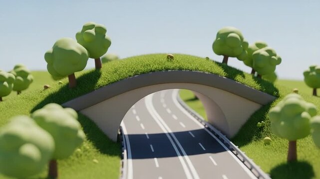 Wildlife crossing bridge over highway, eco-friendly infrastructure for animal migration, sustainable road design, green overpass for nature conservation, 3D rendered concept