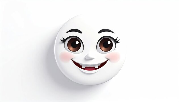 Whimsical cartoon face with big brown eyes, rosy cheeks, and an open smile