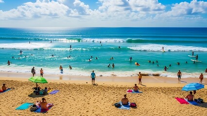 Obraz premium People enjoying a sunny day at a beautiful tropical beach with turquoise water and waves