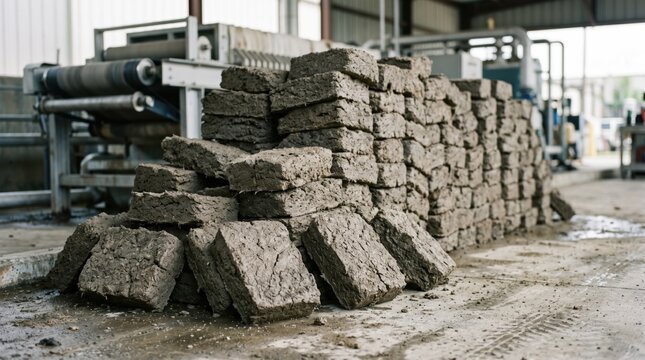 Medium shot of stacked sludge cakes from belt press area showcasing texture and volume with foreground detail and soft background.