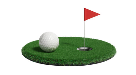Obraz premium Golf ball on a small patch of green grass with a hole and a red flag isolated on transparent background