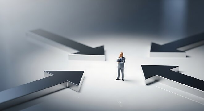 Miniature businessman contemplates diverging paths in sterile environment