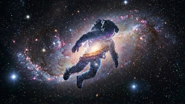 An astronaut drifts serenely through the cosmos, enveloped by the swirling nebulae and distant stars of a vibrant galaxy, embodying a sense of infinite exploration and wonder.