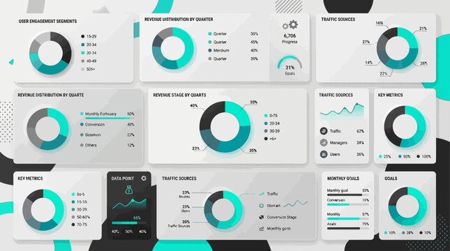 Dynamic digital analytics dashboard showcasing comprehensive business intelligence with interactive charts and graphs for strategic planning and informed decision-making across various departments