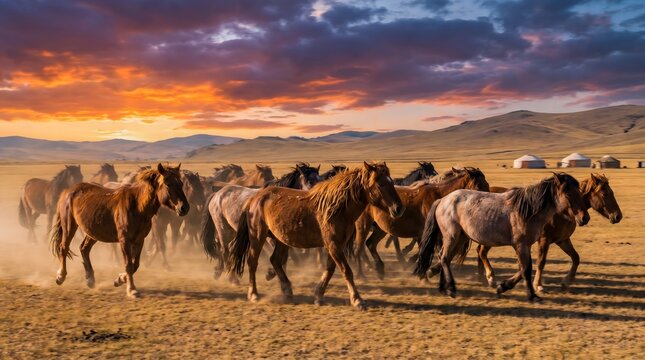 Herd of wild horses galloping across dusty plain under dramatic sunset sky.