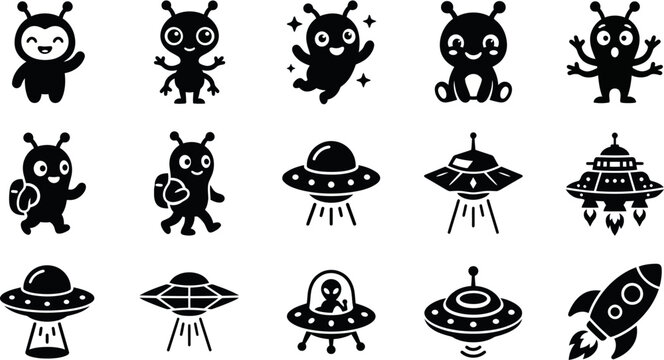 Collection of cute extraterrestrial beings and mysterious spacecraft illustrations for various design needs