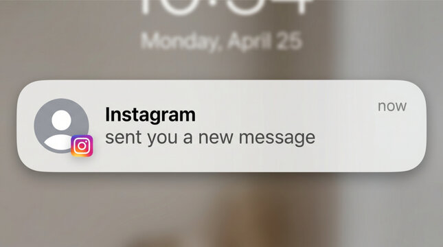 Instagram notification banner on smartphone screen showing a new message alert. Social media application user interface UI design with profile icon and logo. Digital communication and networking.