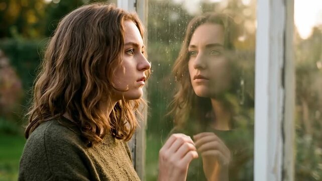 A young woman with thoughtful eyes gazes out of a window, her reflection mirroring her contemplative mood amidst the gentle ambiance of an autumnal day.