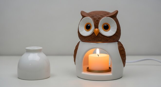 Whimsical owl-shaped wax warmer with a lit candle and removable top